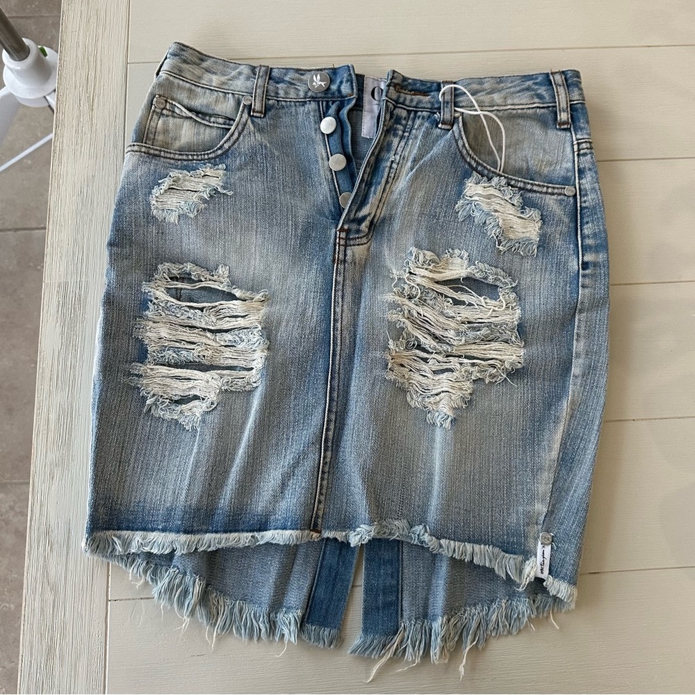 One Teaspoon Blue denim Distressed Pencil Skirt